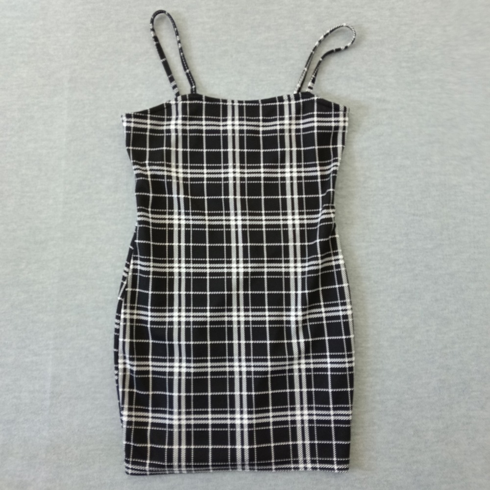 Zaful Womens Plaid Bodycon Mini Dress Black White Spaghetti Strap Size M
